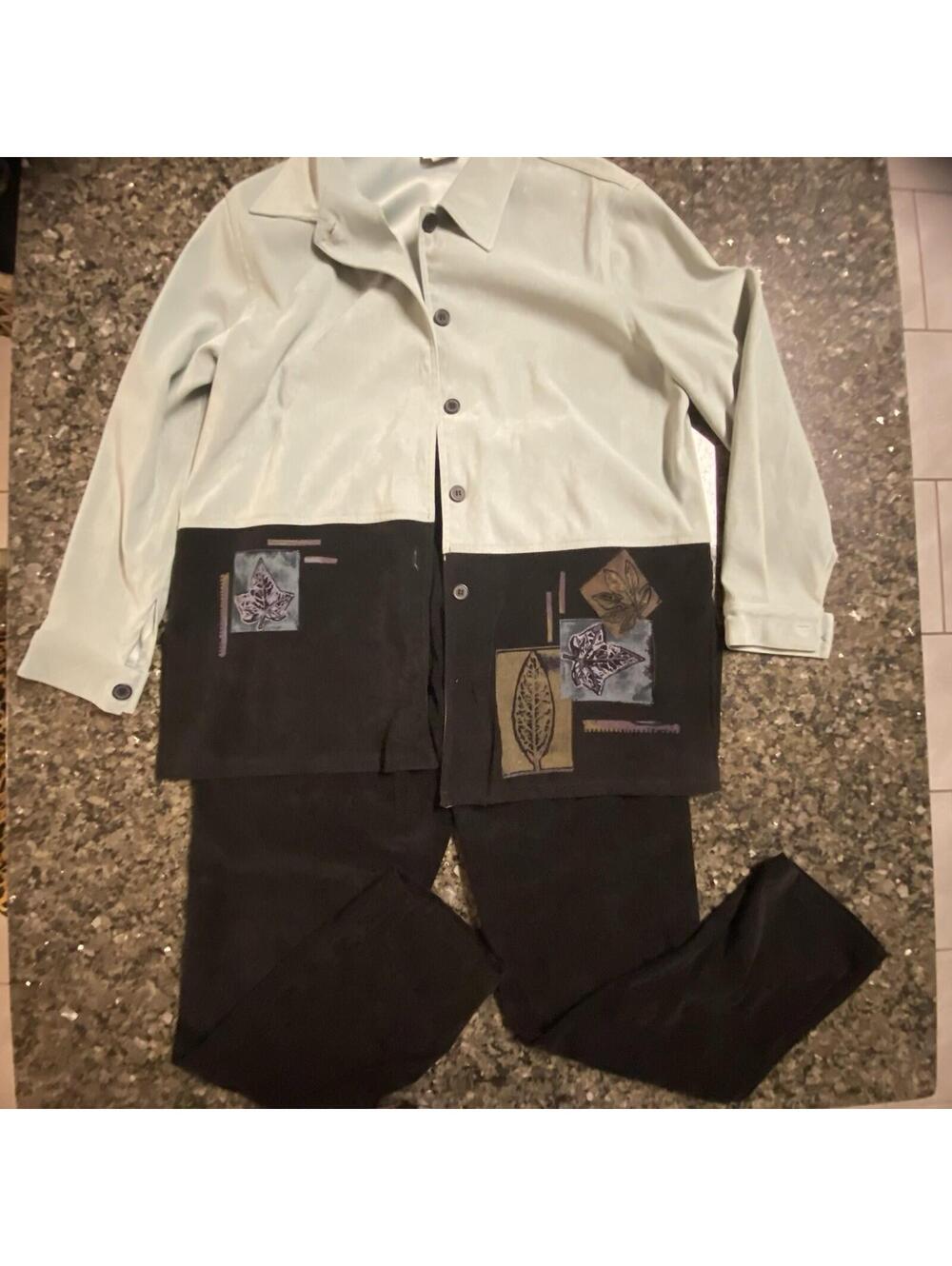 R&K Originals Women's Geometric 2 Piece Jacket & Pants Set Size 14 Black Green